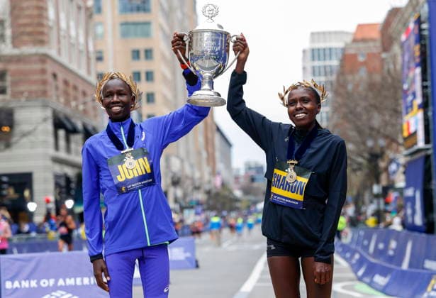Boston Marathon Winners John Korir of Kenya (L) and compatriot Sharon Lokedi pose with the trophy after the 130th Boston Marathon in Boston, Massachusetts, USA, 20 April 2026. BOSTON MASSACHSETTS UNITED STATES  Copyright: xGREGxM.xCOOPERx