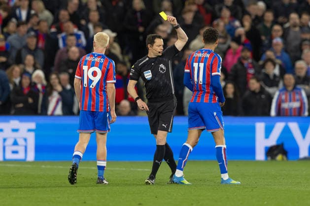 Crystal Palace v West Ham United, Premier League, Football, Selhurst Park, London, UK - 20 Apr 2026 Brennan Johnson of Crystal Palace FC (11) is shown a Yellow card by Referee Darren England London Selhurst Park GBR, UK NEWSPAPERS OUT Copyright: xEllixBirchx