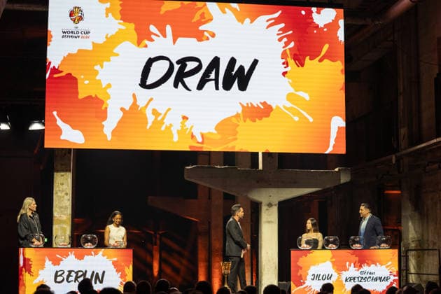 Deutschland: FIBA World Cup Germany 2026 Gruppenauslosung und Hall of Fame Zeremonie, Class of 2026, am 21.04. in Berlin, Kraftwerk: Auslosung mit Stefan Kretzschmar, Lauren Jackson, Jilou, Brittney Elena, Matthias Killing Copyright: xSvenxHeidmannx