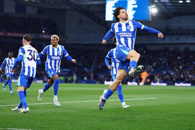 Brighton and Hove, England, 21st April 2026. Ferdi Kadioglu of Brighton and Hove Albion celebrates after scoring to make it 1-0 during the Brighton and Hove Albion vs Chelsea Premier League match at the AMEX Stadium, Brighton and Hove. Picture credit should read: Paul Terry Sportimage EDITORIAL USE ONLY. No use with unauthorised audio, video, data, fixture lists, club league logos or live services. Online in-match use limited to 120 images, no video emulation. No use in betting, games or single club league player publications. SPI_012_PT_Brighton_Chelsea SPI-4706-0012