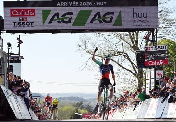 French Paul Seixas of Decathlon CMA CGM Team celebrates after winning the men s race of the 90th edition of the La Fleche Wallonne , one day cycling race (Waalse Pijl - Walloon Arrow), 200 km from Herstal to Huy, Wednesday 22 April 2026. DAVIDxPINTENS  x171668759x