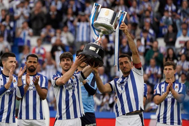 Mikel Oyarzabal of Real Sociedad and Aritz Elustondo of Real Sociedad seen during LaLiga EA Sports game between teams of Real Sociedad and Getafe CF (Mickael Ducint Ball Raw Images) San Sebastian Estadio Anoeta Spain Copyright: xMickaelxDucintx _DSC7498