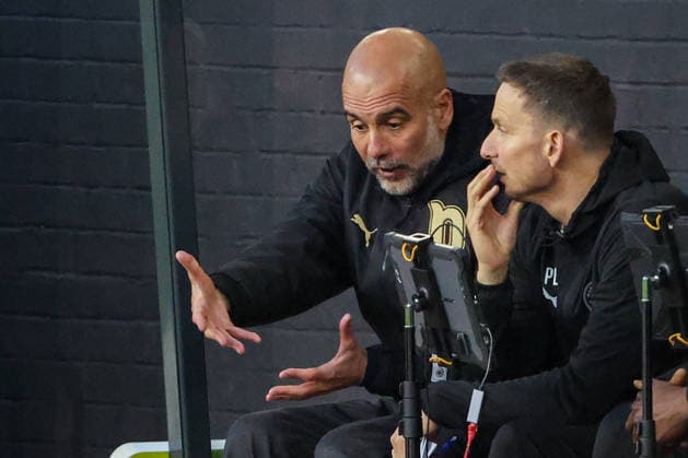 22nd April 2026; Turf Moor, Burnley, Lancashire, England; Premier League Football, Burnley versus Manchester City; Manchester City manager Pep Guardiola looking animated in the dugout after Manchester City take the lead AidanxHunter