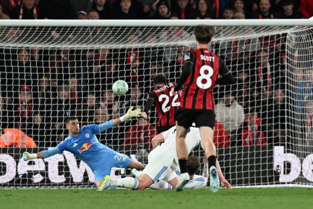 Bournemouth v Leeds United, Premier League Goal 1-0 - Eli Junior Kroupi (22) of AFC Bournemouth scores the opening goal beating Karl Darlow (26) of Leeds United during the Premier League match between Bournemouth and Leeds United at the Vitality Stadium, Bournemouth, UK on 22 April 2026. Bournemouth Vitality Stadium Dorset UK Editorial use only DataCo restrictions apply See www.football-dataco.com , Copyright: xGrahamxHuntx PSI-24147-0082