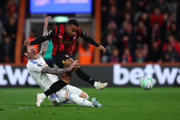 Bournemouth, England, 22nd April 2026. Eli Junior Kroupi of Bournemouth scores to make it 1-0 while challenged by Joe Rodon of Leeds United during the AFC Bournemouth vs Leeds United Premier League match at the Vitality Stadium, Bournemouth. Picture credit should read: Paul Terry Sportimage EDITORIAL USE ONLY. No use with unauthorised audio, video, data, fixture lists, club league logos or live services. Online in-match use limited to 120 images, no video emulation. No use in betting, games or single club league player publications. SPI_019_PT_Bournemouth_Leeds SPI-4707-0019