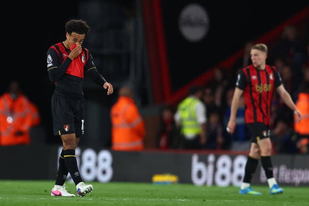 Bournemouth, England, 22nd April 2026. Tyler Adams of Bournemouth looks dejected after Sean Longstaff of Leeds United scores to make it 2-2 during the AFC Bournemouth vs Leeds United Premier League match at the Vitality Stadium, Bournemouth. Picture credit should read: Paul Terry Sportimage EDITORIAL USE ONLY. No use with unauthorised audio, video, data, fixture lists, club league logos or live services. Online in-match use limited to 120 images, no video emulation. No use in betting, games or single club league player publications. SPI_044_PT_Bournemouth_Leeds SPI-4707-0044