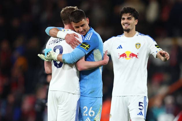 Bournemouth, England, 22nd April 2026. Sean Longstaff (C) of Leeds United celebrates with Karl Darlow (C) and Pascal Struijk of Leeds United at the final whistle during the AFC Bournemouth vs Leeds United Premier League match at the Vitality Stadium, Bournemouth. Picture credit should read: Paul Terry Sportimage EDITORIAL USE ONLY. No use with unauthorised audio, video, data, fixture lists, club league logos or live services. Online in-match use limited to 120 images, no video emulation. No use in betting, games or single club league player publications. SPI_047_PT_Bournemouth_Leeds SPI-4707-0047