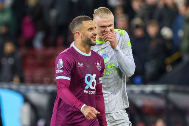 22nd April 2026; Turf Moor, Burnley, Lancashire, England; Premier League Football, Burnley versus Manchester City; Erling Haaland of Manchester City and Kyle Walker of Burnley talking at halftime AidanxHunter