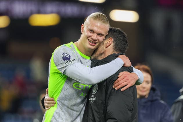 22nd April 2026; Turf Moor, Burnley, Lancashire, England; Premier League Football, Burnley versus Manchester City; Erling Haaland of Manchester City and Xavier Mancisidor following Manchester City& x2019;s 1-0 victory AidanxHunter
