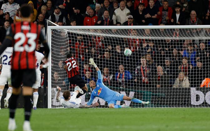 22nd April 2026, Bournemouth, Dorset, England; Premier League Football, AFC Bournemouth versus Leeds United; Junior Kroupi of Bournemouth shoots at goal and scores for 1-0 in the 60th minute HongboxChen