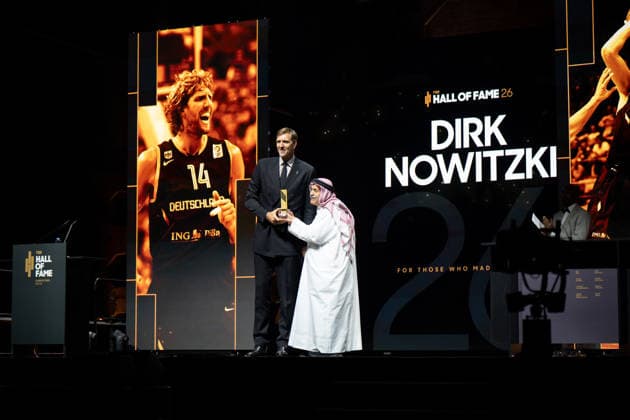 The FIBA Hall Of Fame 2026 Enshrinement Ceremony. Dirk Nowitzki and Sheikh Saud Ali Al Thani, FIBA International Basketball Federation President, attend the FIBA Hall of Fame 2026 Enshrinement Ceremony in Berlin, Germany, on April 21, 2026. The event includes the International Basketball Federation Class of 2026 awards and induction ceremony at Kraftwerk Berlin. Berlin Germany  Copyright: xMarcinxGolbax originalFilename:golba-thefibah260421_np1O4.jpg