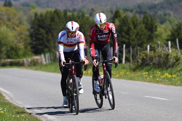 Liege Bastogne Liege 2026 Cycling Race Media Activities 23 04 2026 LIEGE, BELGIUM - APRIL 23 : Zimmerman Georg (GER) of Lotto Intermarche and Van Boven Luca (BEL) of Lotto Intermarche riding during a training and reconnaissance session ahead of the 112th edition of Liege Bastogne Liege an UCI World Tour 1.UWT one day cycling road race for Men Elite of 260 km with start in Liege and finish in Liege on April 23, 2026 in Liege, Belgium, 23 04 2026 ( Motordriver Guy De Vuyst - Liege Belgium  Copyright: xVincentxKalutx