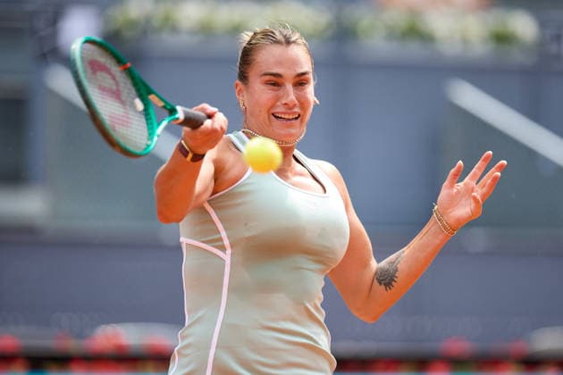 Mutua Madrid Open - Day Four Aryna Sabalenka plays a forehand against Peyton Stearns of United States during the GirlÕs Singles match on day four of the Mutua Madrid Open at Caja Magica on April 23, 2026, in Madrid, Spain. Madrid Caja Magica Madrid Spain RL_MMO2K26_000768 Copyright: xRicardoxLarreinax