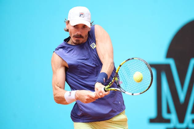 Mutua Madrid Open - Day Four Patrick Kypson of United States plays a backhand against Stefanos Tsitsipas of Greece during the MenÕs Singles match on day four of the Mutua Madrid Open at Caja Magica on April 23, 2026, in Madrid, Spain. Madrid Caja Magica Madrid Spain RL_MMO2K26_000804 Copyright: xRicardoxLarreinax