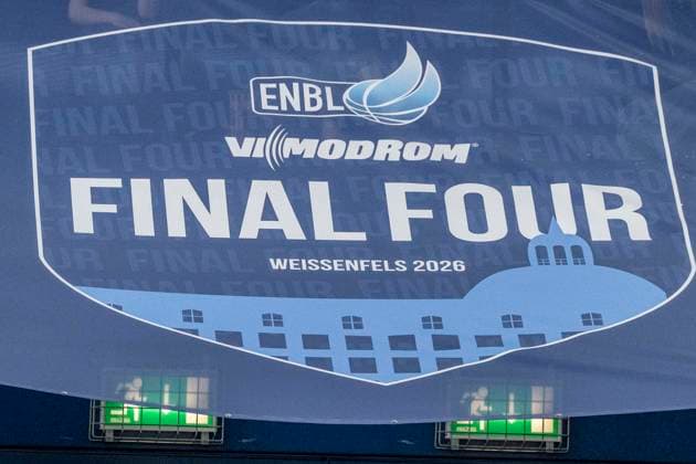 ENBL Final Four - 2025 2026 - Syntainics MBC vs.CSO Voluntari Spiel um Platz 3 Weissenfels, Deutschland 23.April 2026: Im Bild:Logo Final Four ENBL Feature, Symbol, Symbolfoto, charakteristisch, Detail, Weissenfels Stadthalle Weissenfels Sachsen-Anhalt Deutschland