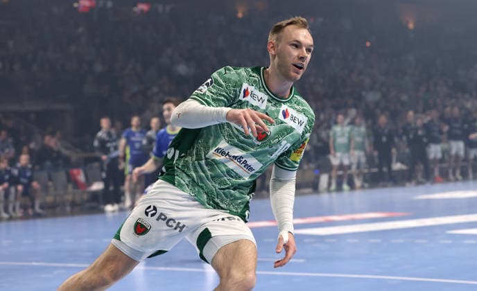 Mathias Gidsel jubelt nach Tor Freude Emotion Handball HBL Bundesliga Herren 29. Spieltag Saison 2025 2026 23.04.2026 Füchse Berlin vs VfL Gummersbach