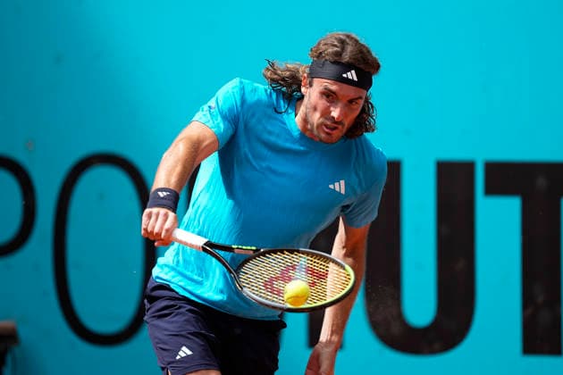 April 23, 2026, Madrid, Madrid, Spain: Stefanos Tsitsipas of Greece plays against Patrick Kypson of USA during the Mutua Madrid Open 2026, ATP, Tennis Herren Masters 1000 and WTA, Tennis Damen 1000, at La Caja Magica on April 23, 2026 in Madrid, Spain. Madrid Spain - ZUMAa181 20260423_zaa_a181_281 Copyright: xOscarxJ.xBarrosox
