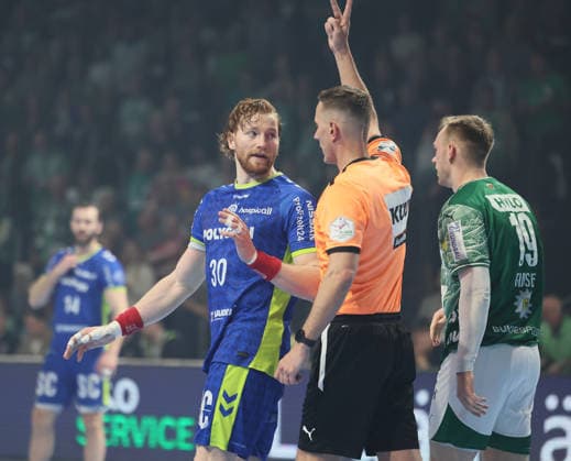 GER HBL Saison 2025 2026 FÜCHSE Berlin vs VfL Gummersbach, 23.04.26, Max-Schmeling-Halle, Berlin, Tom KIESLER (VfL Gummersbach 30) bekommt eine Zeitstrafe, Schiedsrichter