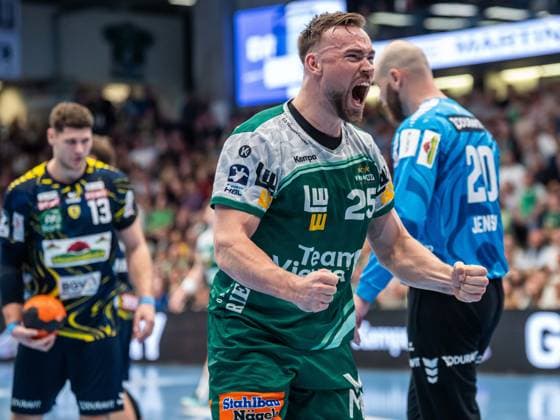 Ludvig Jurmala Astroem (Frisch Auf Goeppingen, 25) jubelt lautstark, Frisch Auf Goeppingen vs. Rhein-Neckar Loewen, Handball, 1. Bundesliga, Herren, Spielzeit 2025 2026, 23.04.2026, Frisch Auf Goeppingen vs. Rhein-Neckar Loewen, Handball, 1. Bundesliga, Herren, Spielzeit 2025 2026, 23.04.2026 Goeppingen Copyright: xEibner-Pressefoto MichaelxSchmidx EP_MST