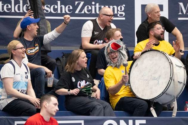 ENBL Final Four - 2025 2026 - Manchester Basketball vs.Dziki Warszawa-Finale Weissenfels, Deutschland 23.April 2026: Im Bild:Fanblock Manchester Weissenfels Stadthalle Weissenfels Sachsen-Anhalt Deutschland