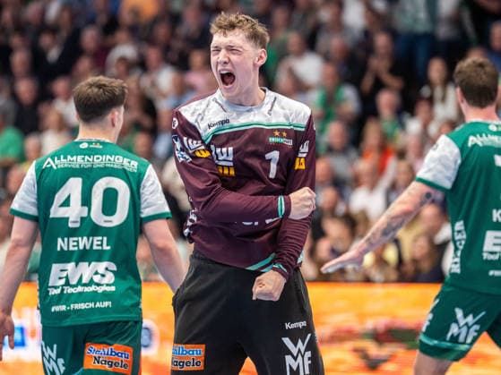 Julian Buchele (Frisch Auf Goeppingen, 01) jubelt, Frisch Auf Goeppingen vs. Rhein-Neckar Loewen, Handball, 1. Bundesliga, Herren, Spielzeit 2025 2026, 23.04.2026, Frisch Auf Goeppingen vs. Rhein-Neckar Loewen, Handball, 1. Bundesliga, Herren, Spielzeit 2025 2026, 23.04.2026 Goeppingen Copyright: xEibner-Pressefoto MichaelxSchmidx EP_MST