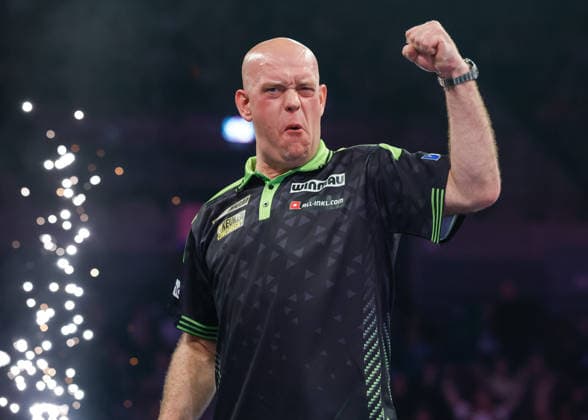 Liverpool, United Kingdom, 23rd April 2026. Michael van Gerwen celebrates his victory following the Josh Rock vs Michael van Gerwen 2026 BetMGM Premier League match at M&S Bank Arena, Liverpool. Picture credit should read: Cody Froggatt Sportimage EDITORIAL USE ONLY. No use with unauthorised audio, video, data, fixture lists, club league logos or live services. Online in-match use limited to 120 images, no video emulation. No use in betting, games or single club league player publications. SPI_033_CF_Liverpool_Darts_Premier_League SPI-4728-0010