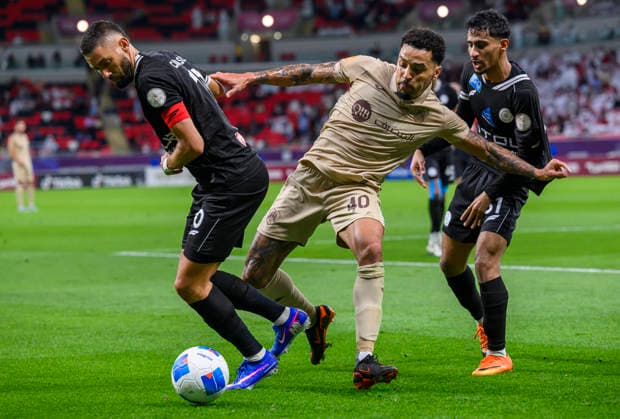Al Rayyan SC vs Al-Shabab SC AGCFF Gulf Club Champions League Final Gregore (C) of Al Rayyan SC and Yannick Carrasco (L) of Al-Shabab SC compete during the AGCFF Gulf Club Champions League Final football match between QatarÕs Al Rayyan SC and Saudi Arabia s Al-Shabab SC at Ahmad bin Ali Stadium in Al Rayyan, Qatar, on April 23, 2026. DOHA Qatar Copyright: xNOUSHADx