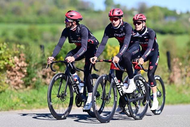 Liege Bastogne Liege 2026 Cycling Race Media Activities 24 04 2026 LIEGE, BELGIUM - APRIL 24 : Alaphilippe Julian (FRA) of Tudor Pro Cycling Team and teammates riding during a training and reconnaissance session ahead of the 112th edition of Liege Bastogne Liege an UCI World Tour 1.UWT one day cycling road race for Men Elite of 260 km with start in Liege and finish in Liege on April 24, 2026 in Liege, Belgium, 24 04 2026 ( Motordriver Guy De Vuyst - Liege Belgium  Copyright: xPeterxDexVoechtx