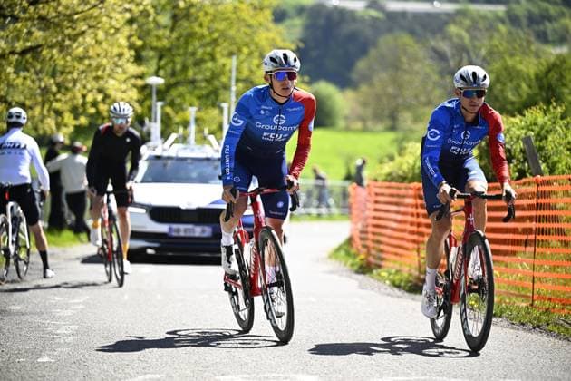 French Romain Gregoire of Groupama-FDJ United pictured in action during a training and track reconnaissance session, ahead of the Liege-Bastogne-Liege one day cycling race, Friday 24 April 2026. JASPERxJACOBS  x171821060x
