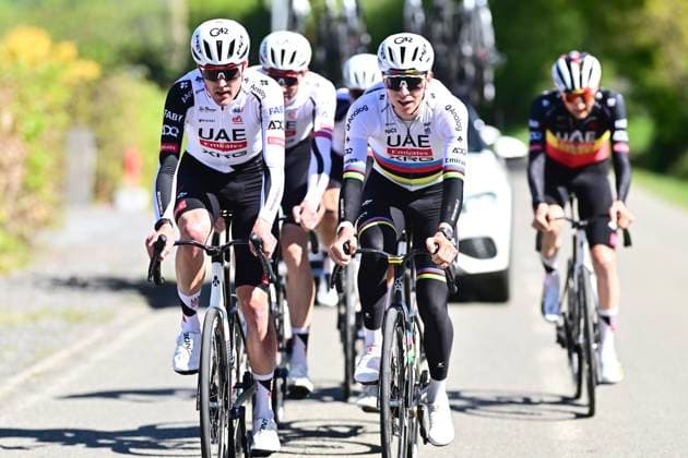 Liege Bastogne Liege 2026 Cycling Race Media Activities 24 04 2026 LIEGE, BELGIUM - APRIL 24 : Pogacar Tadej (SLO) of UAE Team Emirates XRG and teammates riding during a training and reconnaissance session ahead of the 112th edition of Liege Bastogne Liege an UCI World Tour 1.UWT one day cycling road race for Men Elite of 260 km with start in Liege and finish in Liege on April 24, 2026 in Liege, Belgium, 24 04 2026 ( Motordriver Guy De Vuyst - Liege Belgium  Copyright: xPeterxDexVoechtx