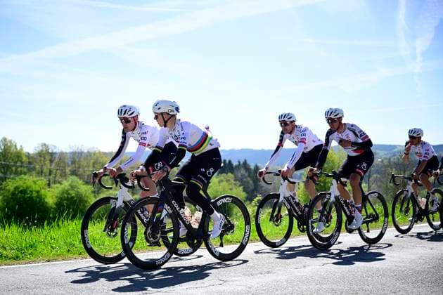 Liege Bastogne Liege 2026 Cycling Race Media Activities 24 04 2026 LIEGE, BELGIUM - APRIL 24 : Pogacar Tadej (SLO) of UAE Team Emirates XRG and teammates riding during a training and reconnaissance session ahead of the 112th edition of Liege Bastogne Liege an UCI World Tour 1.UWT one day cycling road race for Men Elite of 260 km with start in Liege and finish in Liege on April 24, 2026 in Liege, Belgium, 24 04 2026 ( Motordriver Guy De Vuyst - Liege Belgium  Copyright: xPeterxDexVoechtx