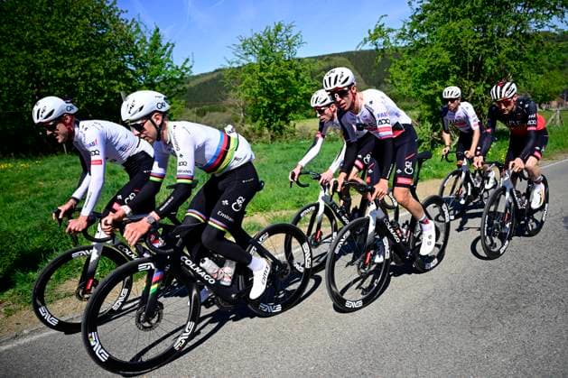 Liege Bastogne Liege 2026 Cycling Race Media Activities 24 04 2026 LIEGE, BELGIUM - APRIL 24 : Pogacar Tadej (SLO) of UAE Team Emirates XRG and teammates riding during a training and reconnaissance session ahead of the 112th edition of Liege Bastogne Liege an UCI World Tour 1.UWT one day cycling road race for Men Elite of 260 km with start in Liege and finish in Liege on April 24, 2026 in Liege, Belgium, 24 04 2026 ( Motordriver Guy De Vuyst - Liege Belgium  Copyright: xPeterxDexVoechtx