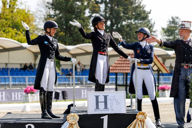 HAGEN a.T.W. - 20 Years Horses & Dreams 2026, HAGEN a.T.W. - 20 Years Horses & Dreams 2026 KLIMKE Ingrid (GER), LAUDRUP-DUFOUR Cathrine (DEN), VON ESSEN Maria (SWE) Siegerehrung Prize giving ceremony CDI4* - Grand Prix de Dressage Special Tour Preis des Helenenhofs Familie Schwiebert Hagen a.T.W., Hof Kasselmann 24. April 2026 - *** HAGEN a T W 20 Years Horses Dreams 2026, HAGEN a T W 20 Years Horses Dreams 2026 KLIMKE Ingrid GER , LAUDRUP DUFOUR Cathrine DEN , VON ESSEN Maria SWE Prize giving ceremony CDI4 Grand Prix de Dressage Special Tour Preis des Helenenhofs Familie Schwiebert Hagen a T W , Hof Kasselmann April 24, 2026