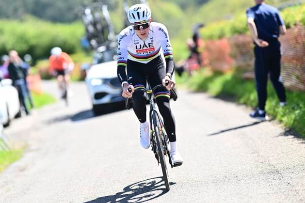 Liege Bastogne Liege 2026 Cycling Race Media Activities 24 04 2026 LIEGE, BELGIUM - APRIL 24 : Pogacar Tadej (SLO) of UAE Team Emirates XRG riding during a training and reconnaissance session ahead of the 112th edition of Liege Bastogne Liege an UCI World Tour 1.UWT one day cycling road race for Men Elite of 260 km with start in Liege and finish in Liege on April 24, 2026 in Liege, Belgium, 24 04 2026 ( Motordriver Guy De Vuyst - Liege Belgium  Copyright: xPeterxDexVoechtx