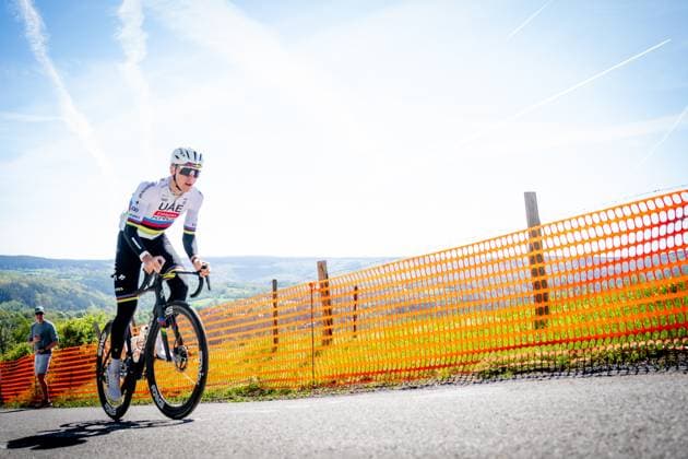 Slovenian Tadej Pogacar of UAE Team Emirates-XRG pictured in action during a training and track reconnaissance session, ahead of the Liege-Bastogne-Liege one day cycling race, Friday 24 April 2026. JASPERxJACOBS  x171838081x