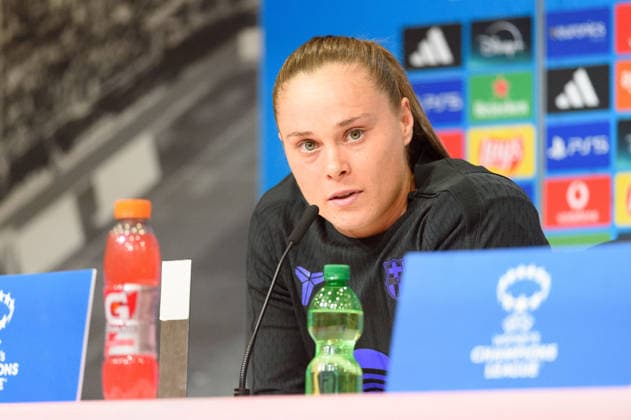 MUNICH, GERMANY - APRIL 25: Ewa Pajor (17 FC Barcelona, Barca during the press conference, PK, Pressekonferenz before the UEFA Champions League 2025 26 of FC Barcelona at Allianz Arena on April 25, 2026 in Munich, Germany (Photo by Sven Beyrich Sports Press Photo)  Copyright: xSvenxBeyrich SportsxPressxPhotox Sportspressphoto_SPR135095