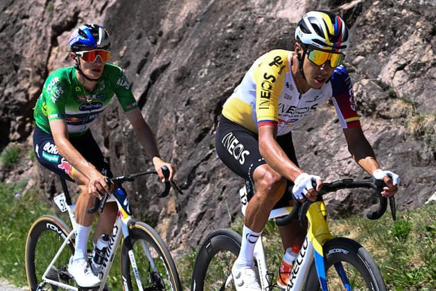 RECORD DATE NOT STATED 24th April 2026; Bolzano, Italy; UCI Cycling, Tour of the Alps: Giulio PELLIZZARI (ITA) and Egan Arley BERNAL GOMEZ (COL) at the final podium PierrexTeyssot