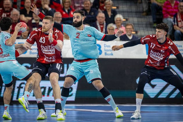DAIKIN HBL: SG Flensburg-Handewitt vs MT Melsungen; 24.04.26 Uladzislau Kulesh (Nr., MT Melsungen) im Angriff DAIKIN HBL: SG Flensburg-Handewitt vs MT Melsungen, GP JOULE Arena am 24.04.26 Copyright: xBEAUTIFULxSPORTS MarioxM.xKobergx