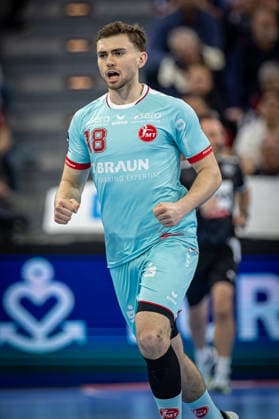 DAIKIN HBL: SG Flensburg-Handewitt vs MT Melsungen; 24.04.26 Jubel Torjubel bei Florian Drosten (Nr.18, MT Melsungen) DAIKIN HBL: SG Flensburg-Handewitt vs MT Melsungen, GP JOULE Arena am 24.04.26 Copyright: xBEAUTIFULxSPORTS MarioxM.xKobergx