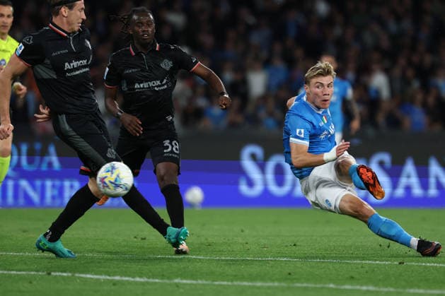 Rasmus Hojlund of SSC Napoli scores the goal of 2-0 during the Serie A 2025 2026 football match between SSC Napoli and US Cremonese at Diego Armando Maradona stadium in Naples (Italy), April 24th, 2026. CesarexPurini