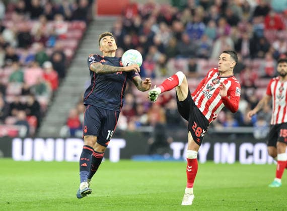 Sunderland, England, 24th April 2026. Enzo Le Fee (R) of Sunderland in action with Igor Jesus of Nottingham Forest during the Sunderland vs Nottingham Forest Premier League match at the Stadium Of Light, Sunderland. Picture credit should read: Nigel Roddis Sportimage EDITORIAL USE ONLY. No use with unauthorised audio, video, data, fixture lists, club league logos or live services. Online in-match use limited to 120 images, no video emulation. No use in betting, games or single club league player publications. SPI_028_NR_SUND_NOTT SPI-4720-0027