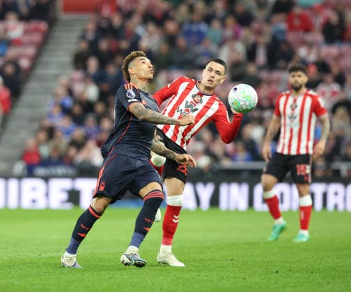Sunderland, England, 24th April 2026. Enzo Le Fee (R) of Sunderland in action with Igor Jesus of Nottingham Forest during the Sunderland vs Nottingham Forest Premier League match at the Stadium Of Light, Sunderland. Picture credit should read: Nigel Roddis Sportimage EDITORIAL USE ONLY. No use with unauthorised audio, video, data, fixture lists, club league logos or live services. Online in-match use limited to 120 images, no video emulation. No use in betting, games or single club league player publications. SPI_029_NR_SUND_NOTT SPI-4720-0028
