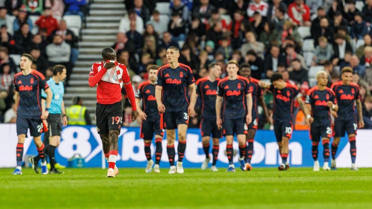 24th April 2026; Stadium of Light, Sunderland, England; Premier League Football, Sunderland versus Nottingham Forest; Habib Diarra of Sunderland looks dejected as Nottingham Forest celebrate scoring 4th goal of the game on 37 minuges WMxSportsxMedia