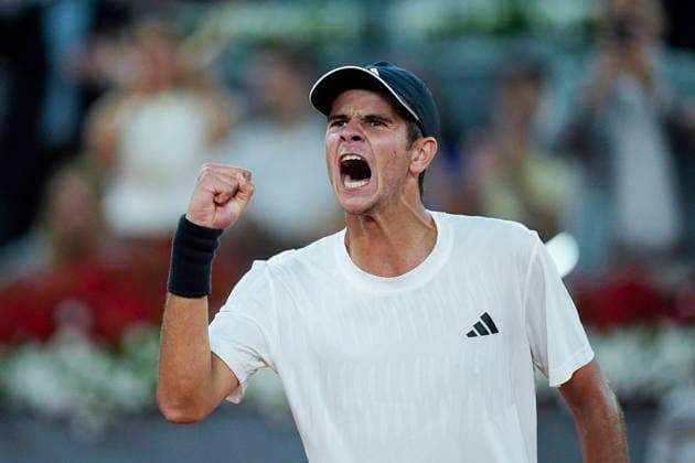 April 24, 2026, Madrid, Madrid, Spain: Rafael Jodar of Spain reacts after winning against Alex de Minaur of Australia during the Mutua Madrid Open 2026, ATP, Tennis Herren Masters 1000 and WTA, Tennis Damen 1000, at La Caja Magica on April 24, 2026 in Madrid, Spain. Madrid Spain - ZUMAa181 20260424_zaa_a181_521 Copyright: xOscarxJ.xBarrosox