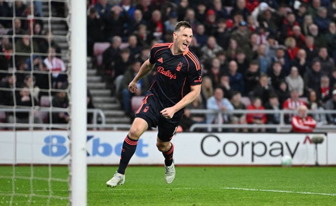 Correction: Chris Wood of Nottingham Forest celebrates scoring the second goal 0-2 Sunderland v Nottingham Forest, Premier League, Football, Stadium of Light, Sunderland, UK - 24 Apr 2026Sunderland Stadium of Light United Kingdom EDITORIAL USE ONLY No use with unauthorised audio, video, data, fixture lists, club league logos or live services. Online in-match use limited to 120 images, no video emulation. No use in betting, games or single club league player publications. Copyright: xGreigxCowie Shutterstockx 16837541bn
