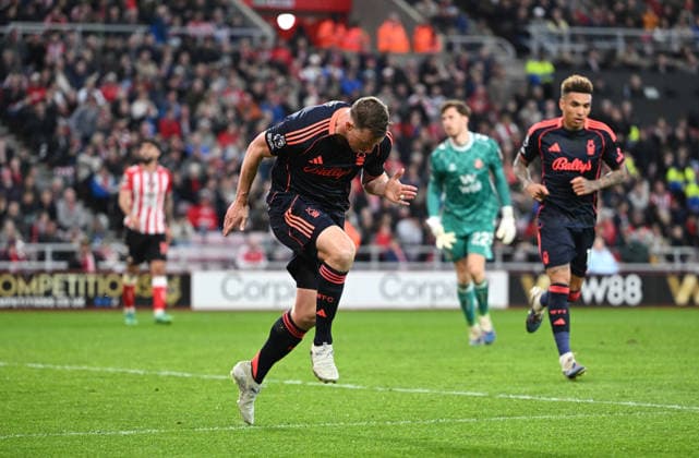Correction: Chris Wood of Nottingham Forest celebrates scoring the second goal 0-2 Sunderland v Nottingham Forest, Premier League, Football, Stadium of Light, Sunderland, UK - 24 Apr 2026Sunderland Stadium of Light United Kingdom EDITORIAL USE ONLY No use with unauthorised audio, video, data, fixture lists, club league logos or live services. Online in-match use limited to 120 images, no video emulation. No use in betting, games or single club league player publications. Copyright: xGreigxCowie Shutterstockx 16837541bp