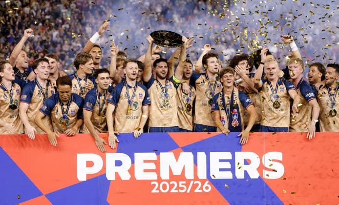 ALEAGUE JETS MARINERS, Jets players celebrate winning the Premiership with the PremierÕs plate during the A-League Men Round 26 match between the Newcastle Jets and the Central Coast Mariners at McDonald Jones Stadium in Newcastle, Saturday, April 25, 2026. ( NO ARCHIVING, EDITORIAL USE ONLY NEWCASTLE NEW SOUTH WALES AUSTRALIA  Copyright: xDARRENxPATEMANx 20260425190354518463