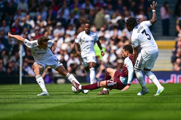 Fulham v Aston Villa, Premier League Aston Villa midfielder Morgan Rogers (27) falls under a challenge from Fulham defender Calvin Bassey (3) during the Premier League match between Fulham and Aston Villa at Craven Cottage, London, UK on 25 April 2026. London Craven Cottage Greater London UK Editorial use only DataCo restrictions apply See www.football-dataco.com , Copyright: xDennisxGoodwinx PSI-24149-0049