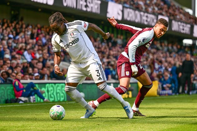 Fulham v Aston Villa, Premier League Fulham defender Calvin Bassey (3) under pressure from Aston Villa midfielder Morgan Rogers (27) during the Premier League match between Fulham and Aston Villa at Craven Cottage, London, UK on 25 April 2026. London Craven Cottage Greater London UK Editorial use only DataCo restrictions apply See www.football-dataco.com , Copyright: xDennisxGoodwinx PSI-24149-0056