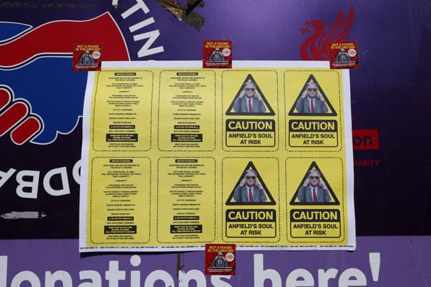 Liverpool, England, 25th April 2026. Banners are seen outside the stadium, Show FSG The Yellow Card in protest of the decision to increase ticket prices prior to the Liverpool vs Crystal Palace Premier League match at Anfield, Liverpool. Picture credit should read: Jessica Hornby Sportimage EDITORIAL USE ONLY. No use with unauthorised audio, video, data, fixture lists, club league logos or live services. Online in-match use limited to 120 images, no video emulation. No use in betting, games or single club league player publications. SPI_023_JH_LIVERPOOL_CRYSTAL_PALACE SPI-4733-0023
